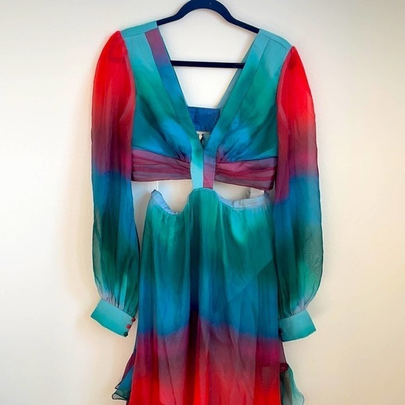 PATBO Sunset Cutout Maxi Dress Red blue green ruffle tiered 12 Rare - Picture 5 of 12